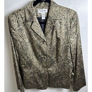 Judith Hart Womens Gold Metallic Paisley Print Lined Blazer Jacket Size 12